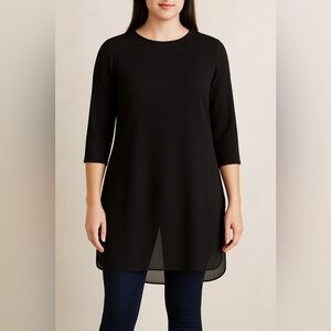 H by Halston Tunic Top Blouse Black High-Low Sheer Long with Side Slits Size M
